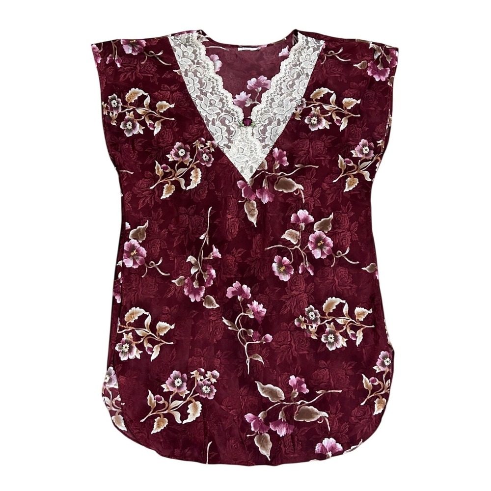 vtg Burgundy Floral Lace V-Neck Slip dress Nightgown Cap Sleeve Rosette fairy